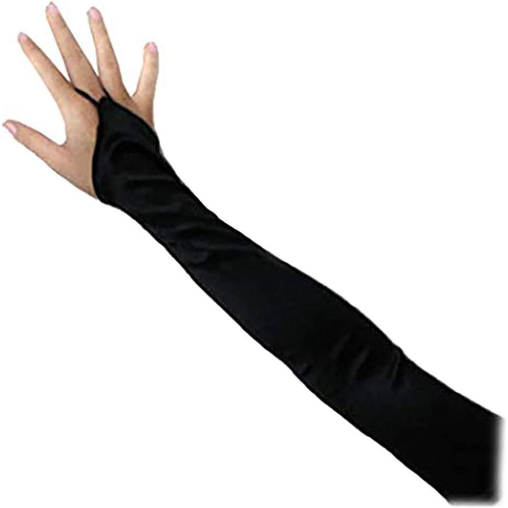 Women's Black Finger Loop Fingerless Long Satin Gloves Wedding Party Prom